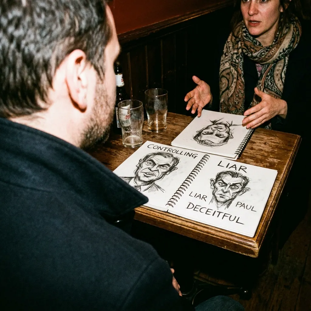 A woman sitting at a dimly lit pub table shows a man a sketchbook filled with intense charcoal drawings of male faces labeled with negative relationship traits like controlling, liar, and deceitful.