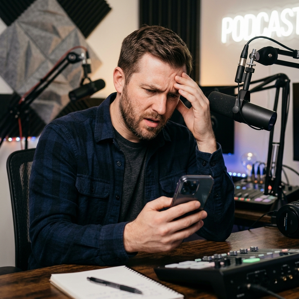 A frustrated man looking at his smartphone, trying to decide if a text message is a phishing scam, with a blurred podcast studio background.