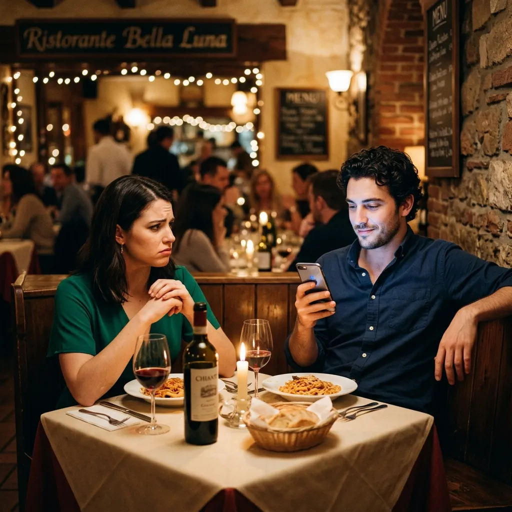 A photo of a man during a dinner date, fully immersed in his phone screen. He is leaning back, a slight smirk on his face as he scrolls, completely oblivious to his date. Across the table, the woman is looking at him with a clear, direct expression of disappointment. The setting is a cozy Italian restaurant with dim, romantic lighting.