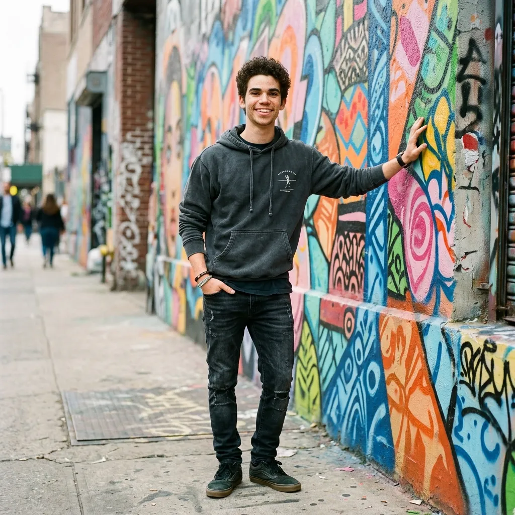 Cameron Boyce posing in a hoodie in front of a colorful backdrop.