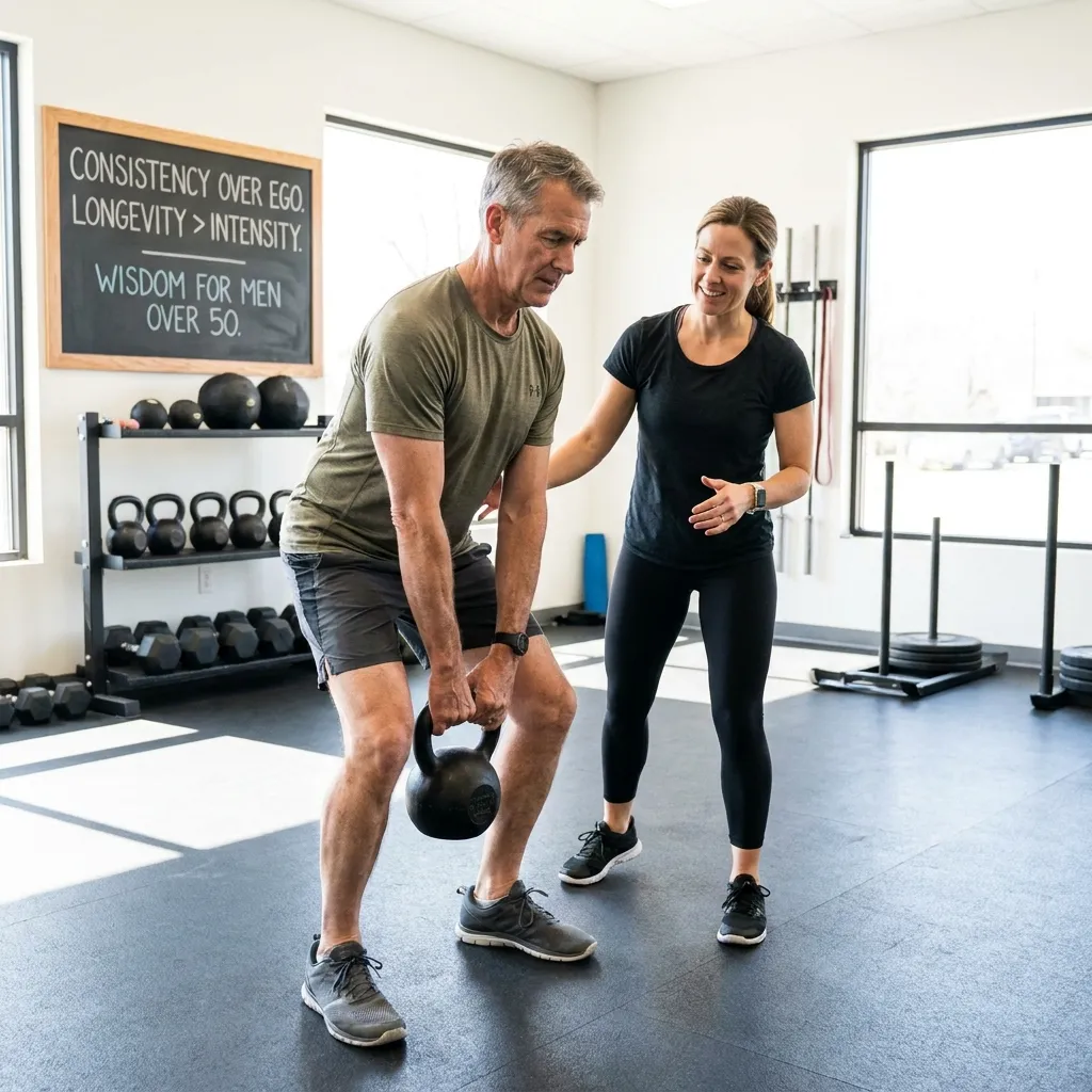 Photo of a fit man in his 50s practicing functional strength training with a trainer, emphasizing maintenance and longevity over ego, important wisdom for men over 50