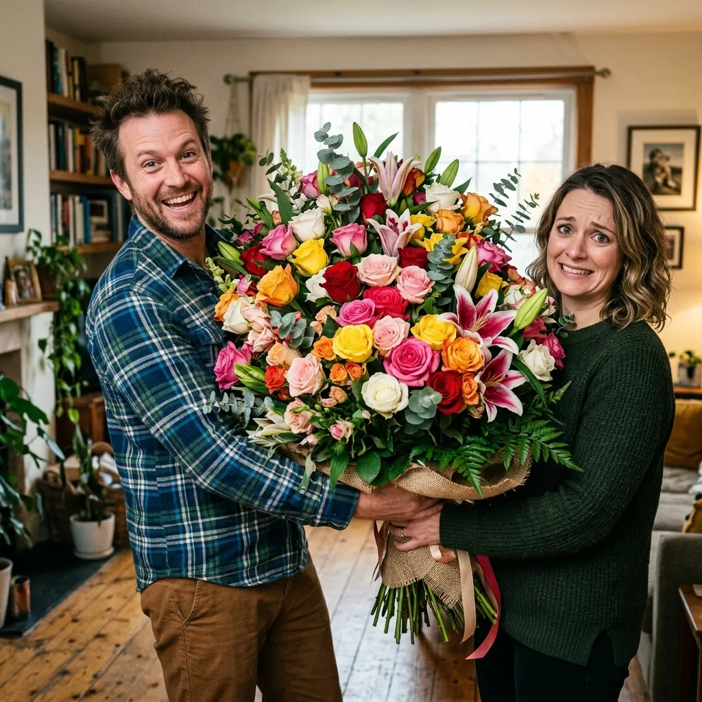 A photo of an enormous, slightly absurd, lush bouquet of multi-colored roses and lilies being presented by a smiling, slightly too-enthusiastic man. He is holding the large arrangement towards the camera. The woman receiving it is smiling, but her eyes convey a sense of overwhelm rather than joy.