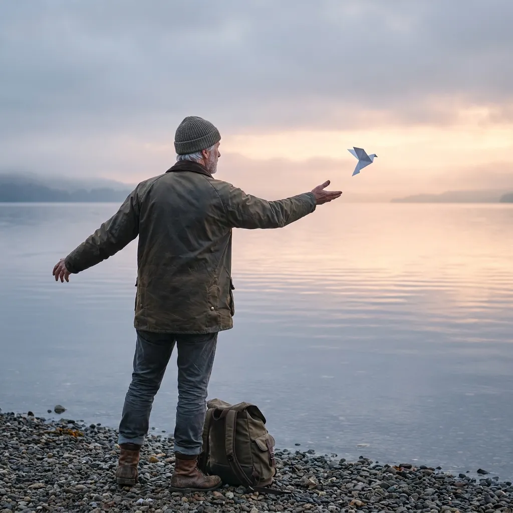 Conceptual photograph of a man over 50 releasing expectations on a lake shore, embodying the liberation of letting go as a key part of wisdom for men over 50.