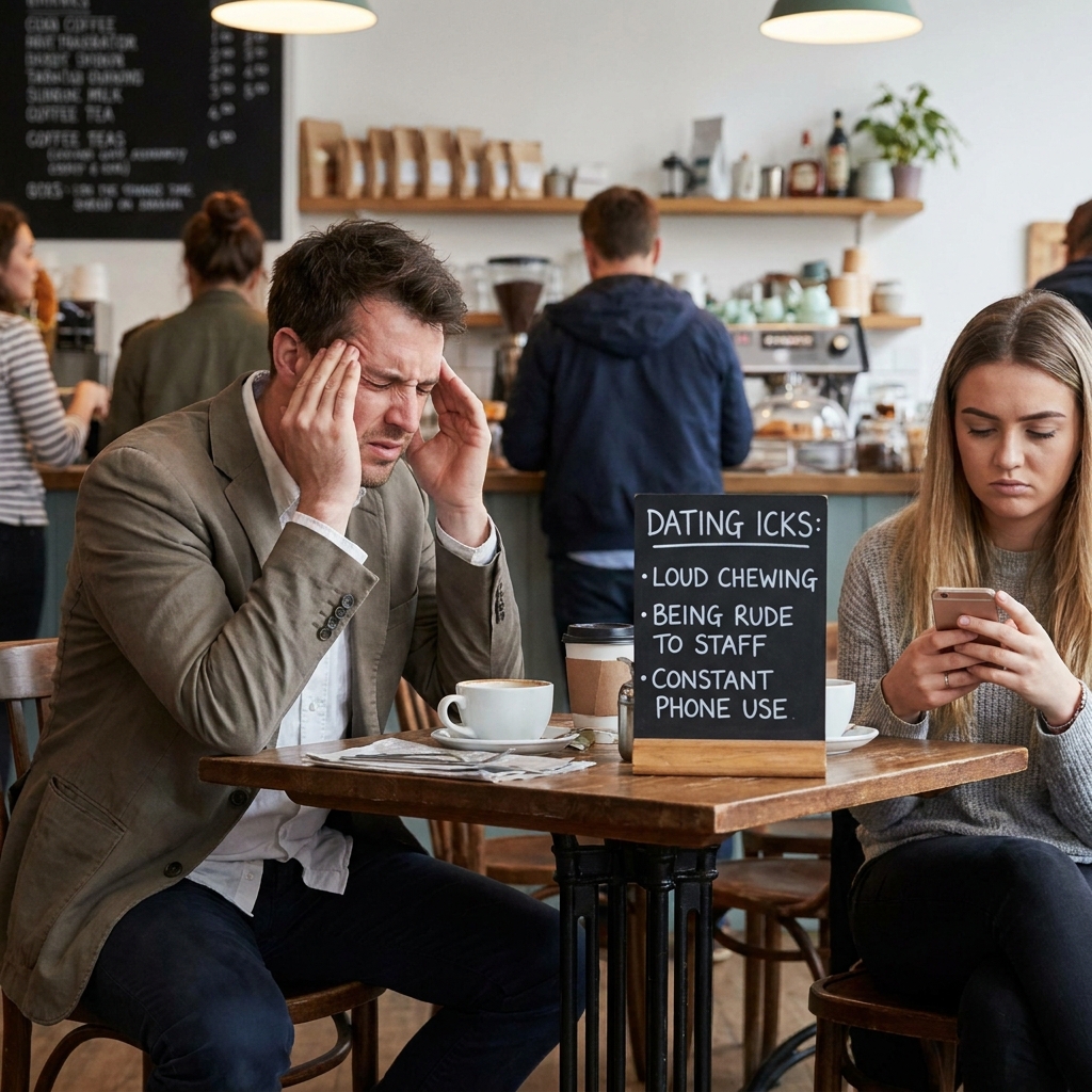 A frustrated man rubbing his temples while sitting across from his date at a coffee shop, illustrating the biggest icks for men.