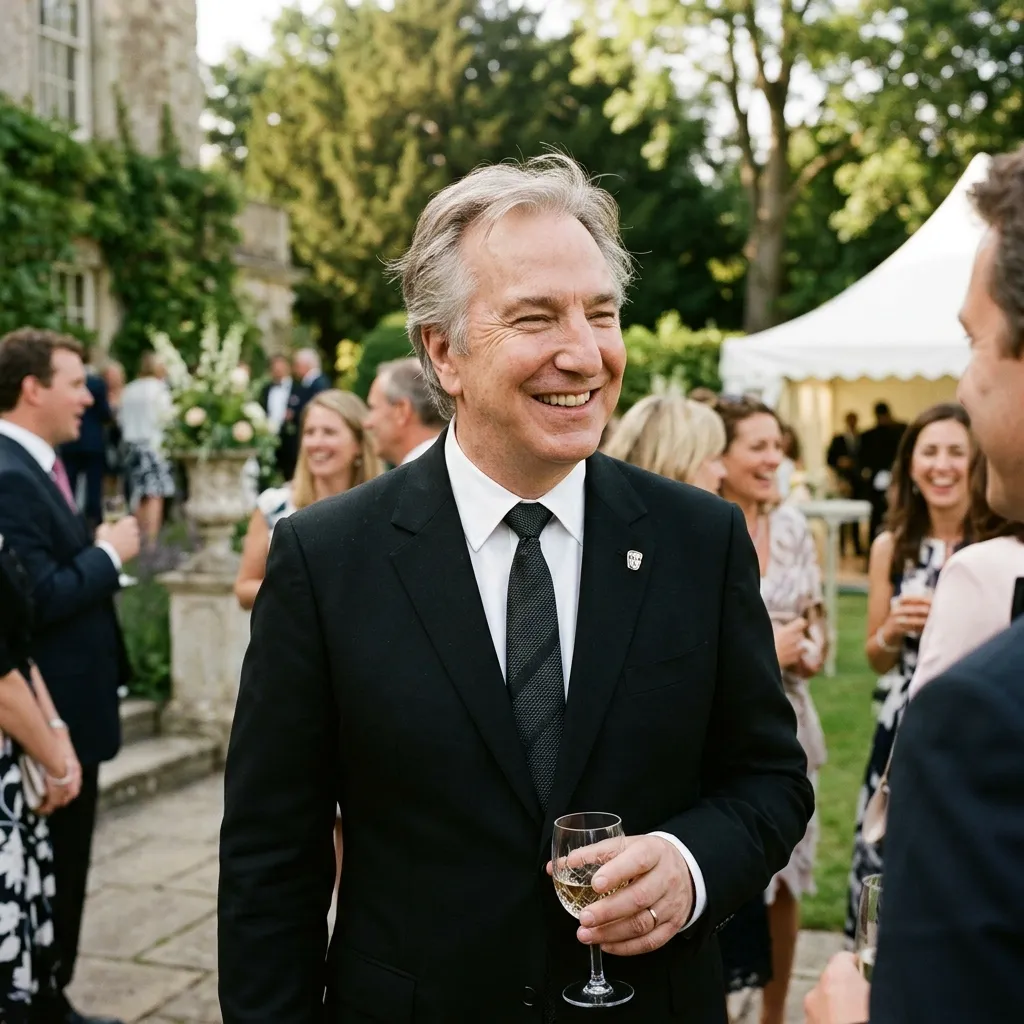 Alan Rickman smiling at an outdoor event in a black suit.