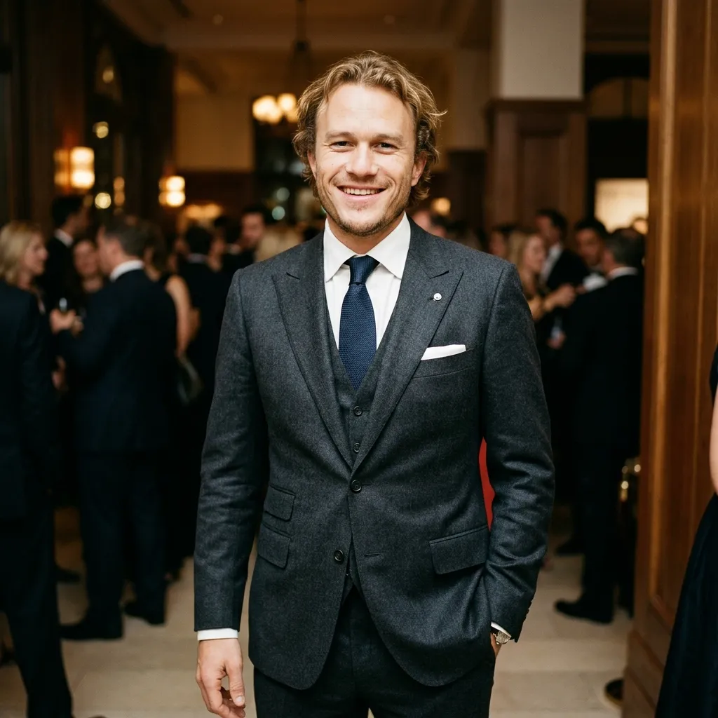 Heath Ledger smiling in a detailed suit.