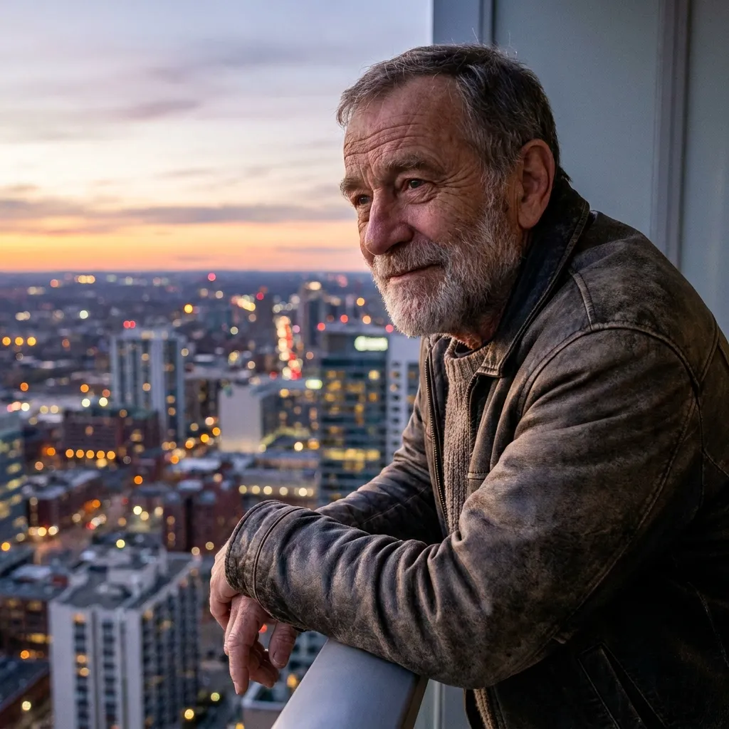 Close-up portrait of a knowing, smiling mature man overlooking a cityscape at dusk, symbolizing embracing the best parts of life through applying wisdom for men over 50.