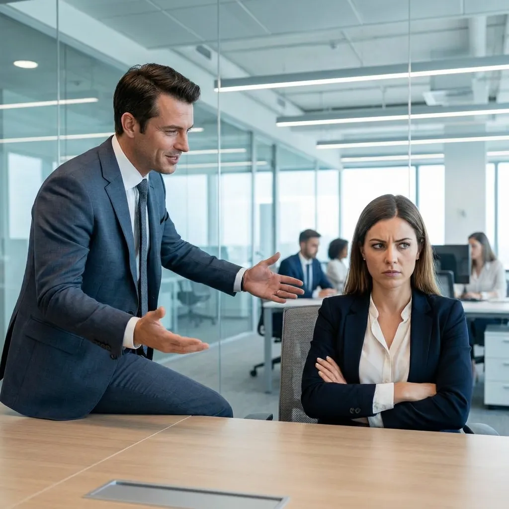 Overconfident male executive sitting on an office desk aggressively gesturing toward an unamused female colleague with crossed arms.