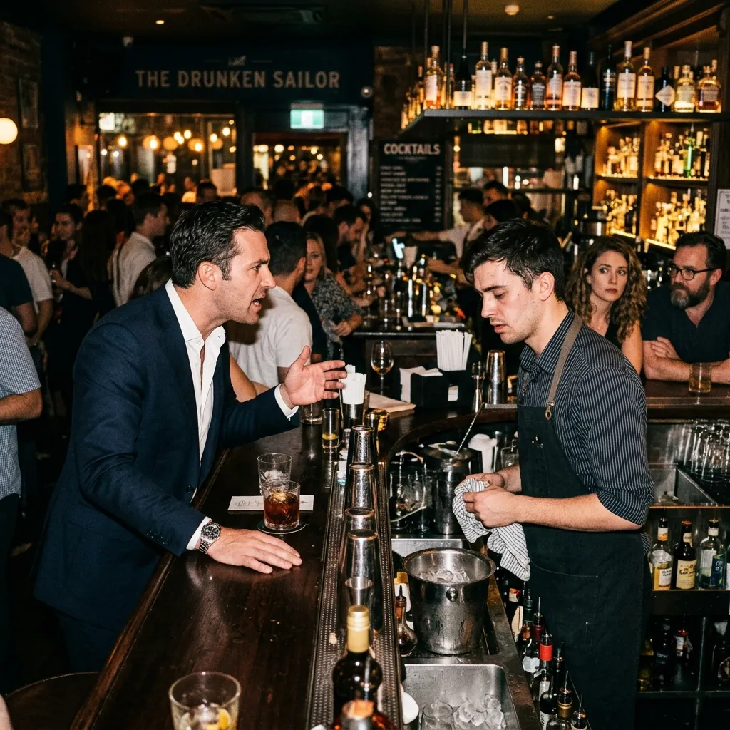 A candid photograph from the side. A man at a busy cocktail bar counter is speaking sharply and with an entitled posture to the bartender, who looks tired. Other patrons further down the bar are subtly looking in his direction, looking uncomfortable.