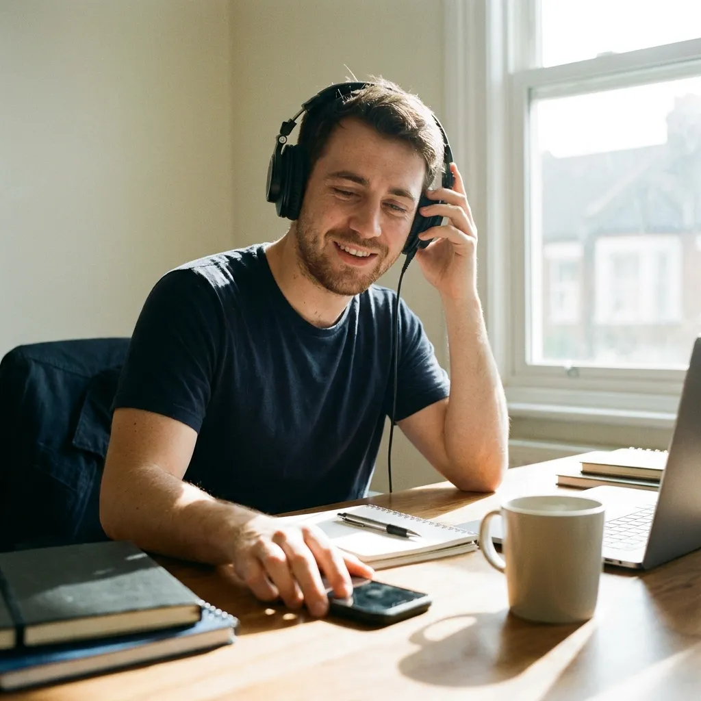 A man ignoring toxic alpha male podcast advice to improve his dating life