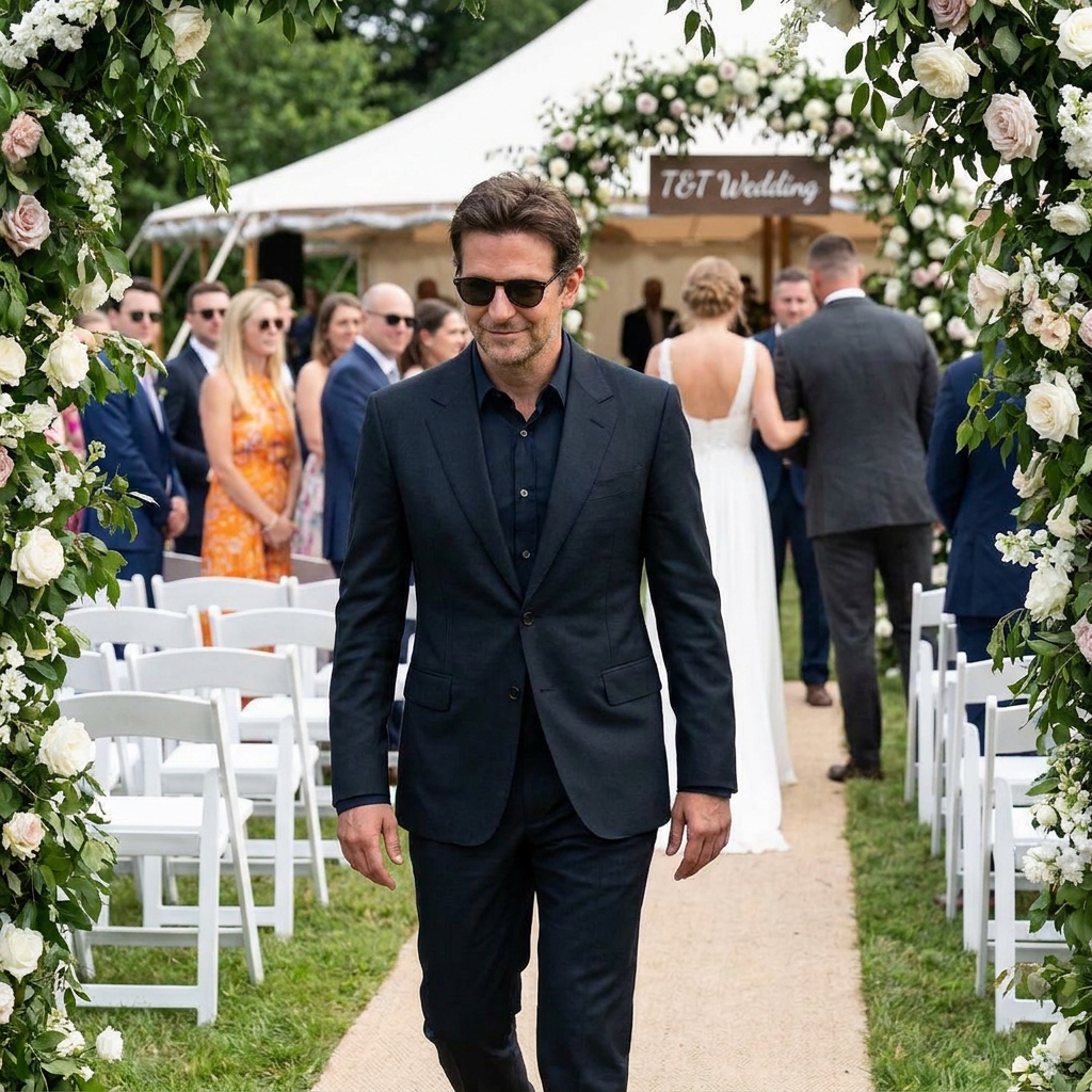 Bradley Cooper walking outdoors in a formal suit and sunglasses at the Taylor Swift and Travis Kelce wedding