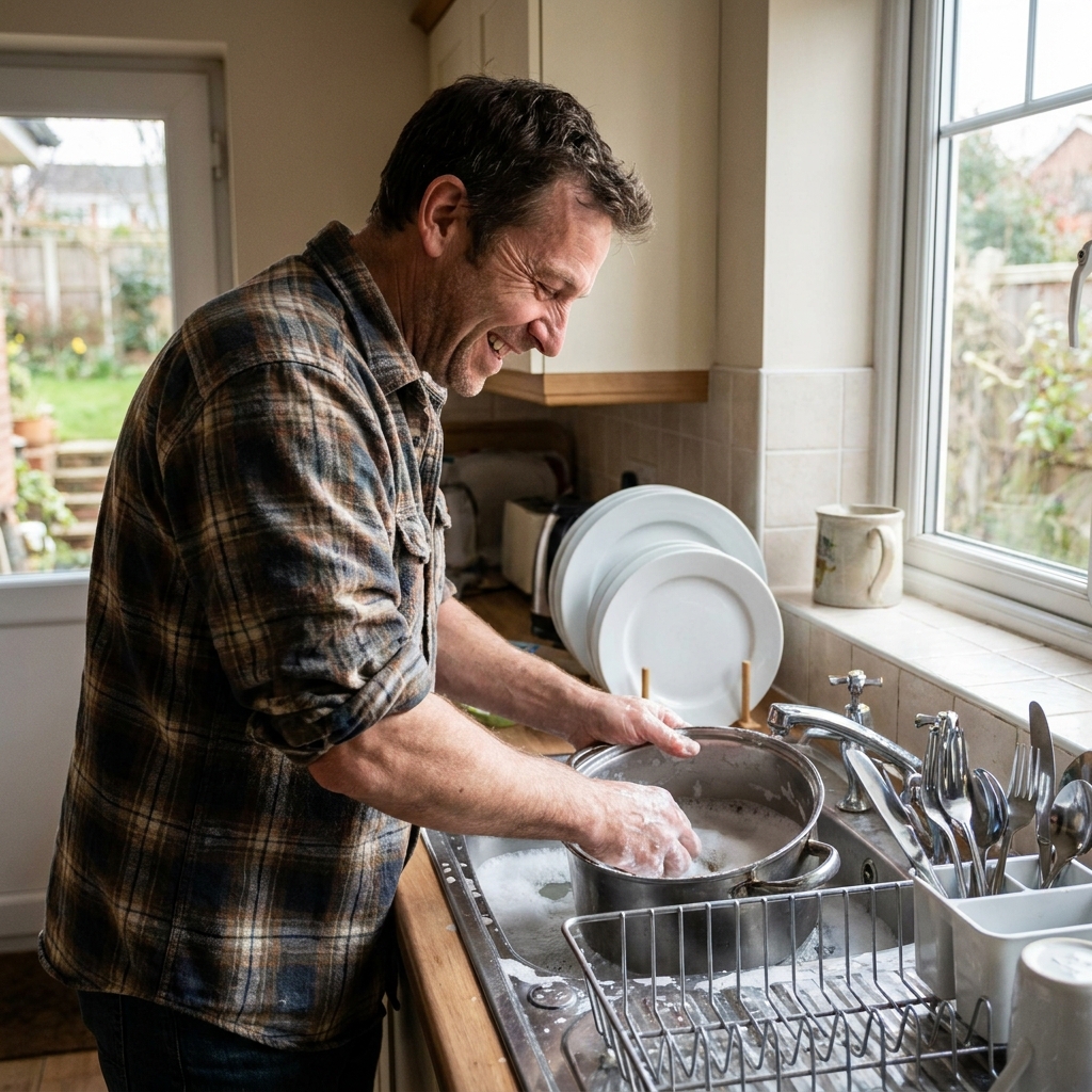 A man doing household chores like washing dishes with a smile – Alt Text: A man taking on his fair share of the household mental load and chores
