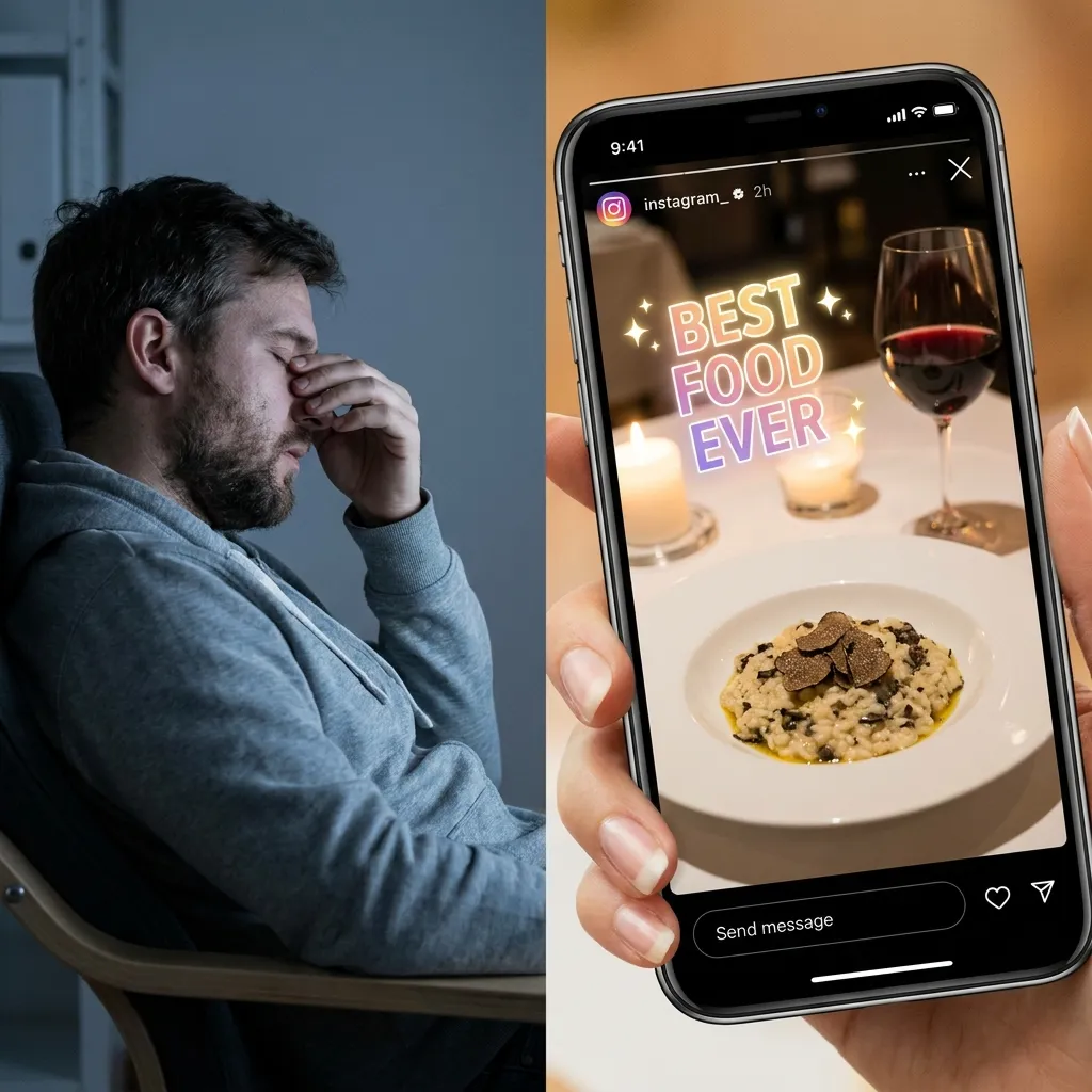 A split image showing a depressed man rubbing his tired eyes in a dark room on the left, contrasting with a bright smartphone screen on the right displaying a glamorous Instagram story of a high-end truffle risotto and red wine.