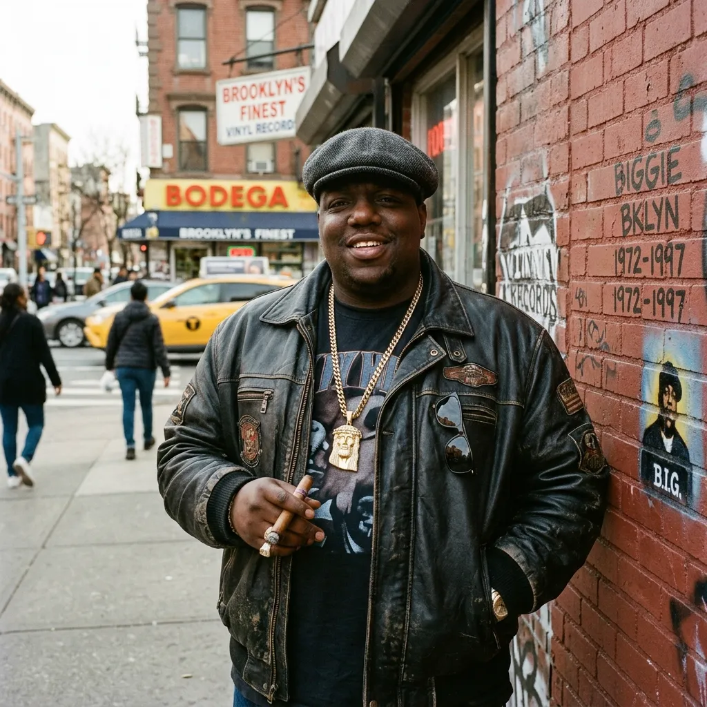 Biggie Smalls wearing a flat cap and leather jacket.