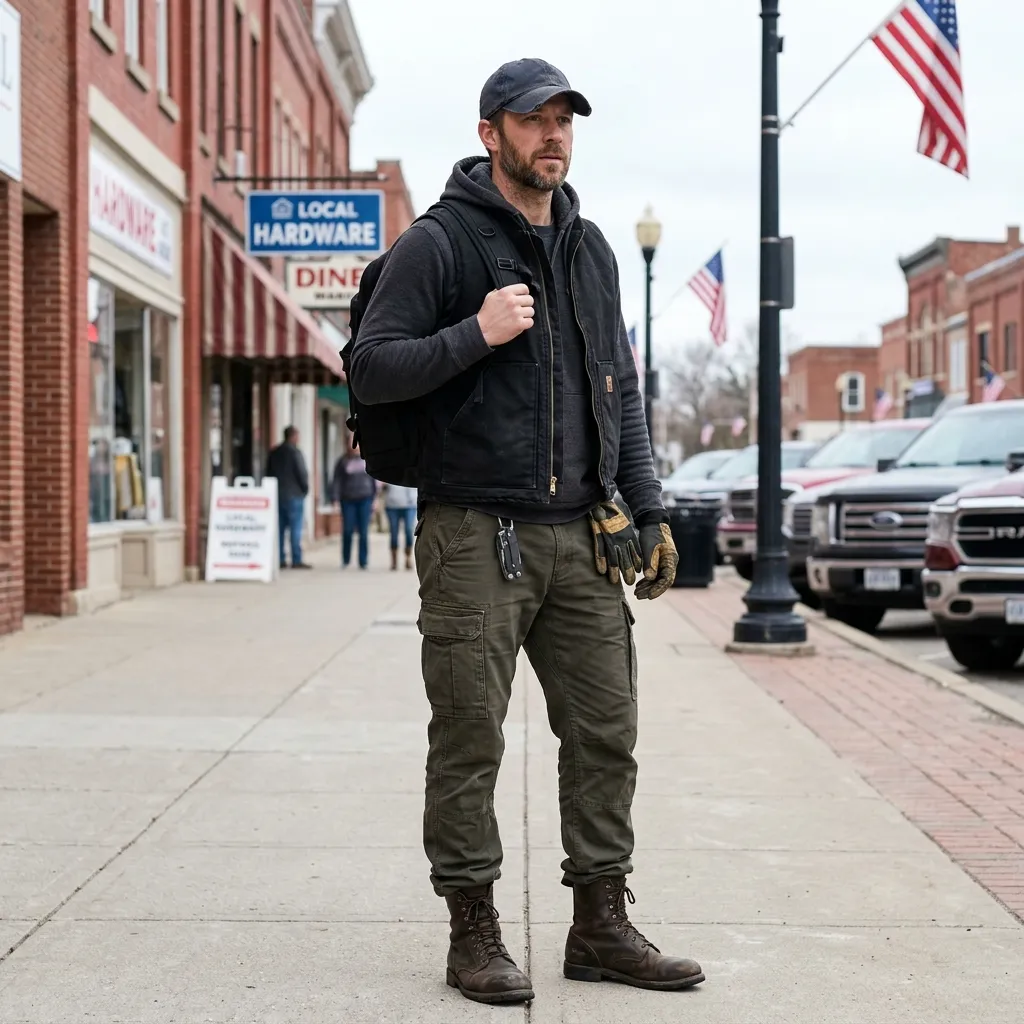 A man wearing functional, tactical street clothing, including cargo pants and combat boots, typical of the utilitarian MAGA-coded outfits for men.