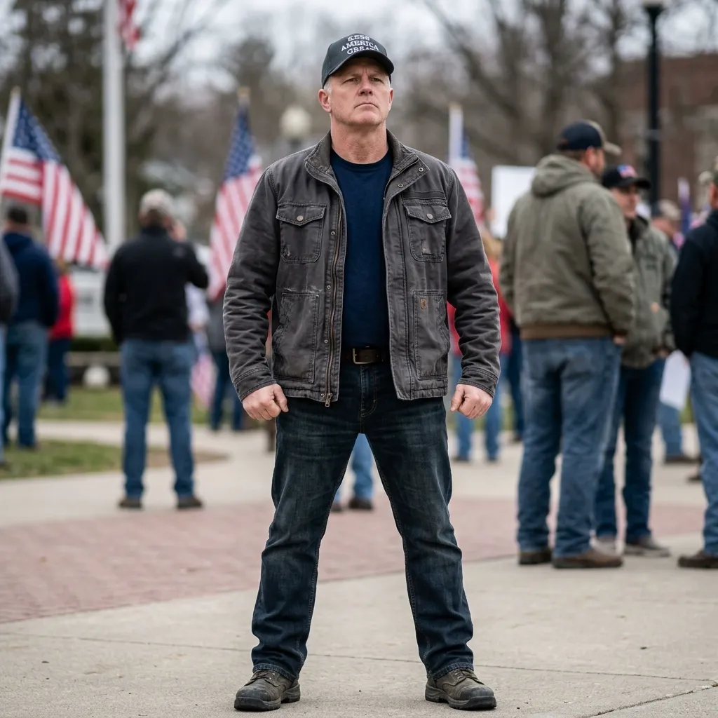 A man wearing a dark canvas utility jacket in a rigid stance, illustrating the emphasis on dominant posture in MAGA-coded outfits for men.