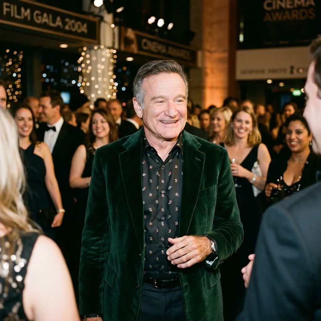 Robin Williams wearing a velvet jacket and smiling at an event.
