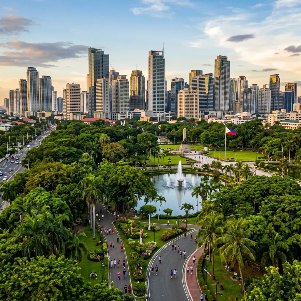 Dense Manila city skyline with towering modern buildings situated behind a lush, green urban park