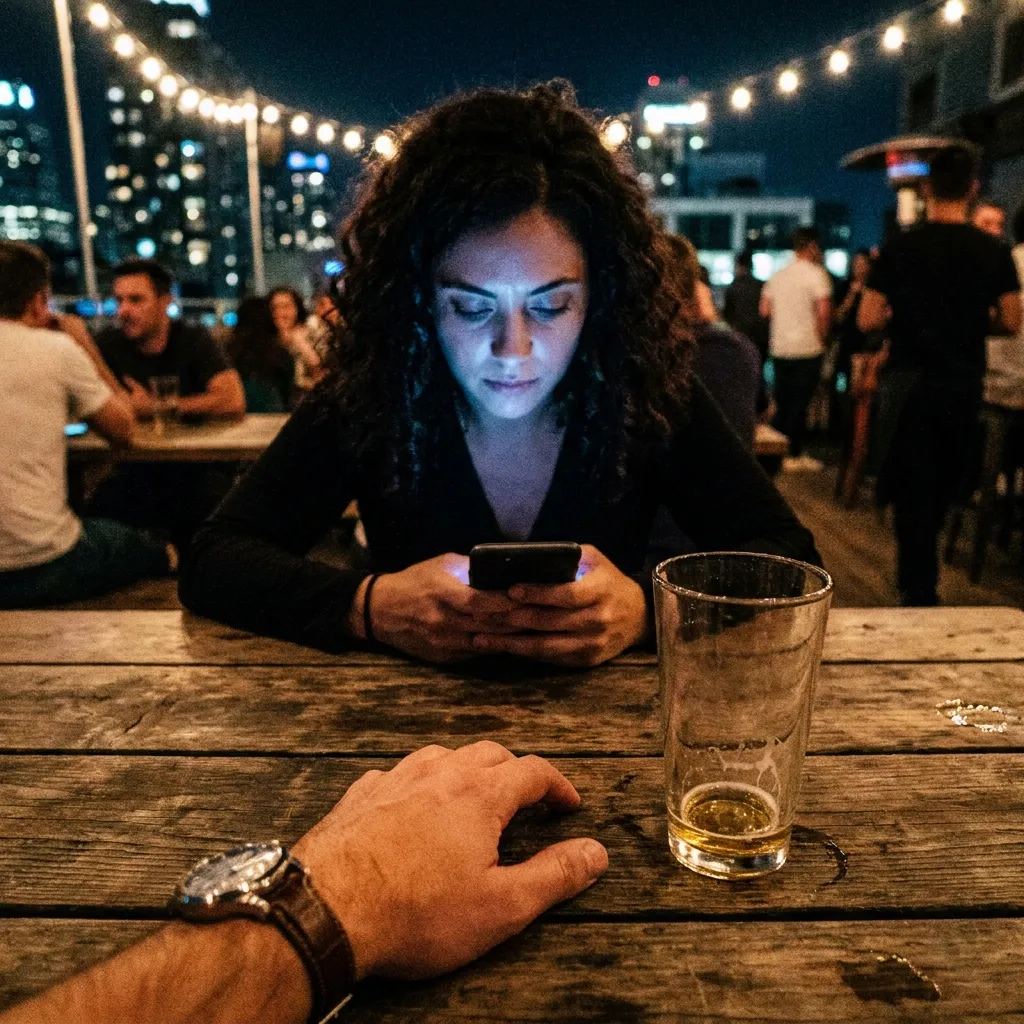 First-person perspective of a man at an outdoor bar table looking at a woman who is distracted by the glowing screen of her smartphone, with a half-empty beer glass in the foreground.
