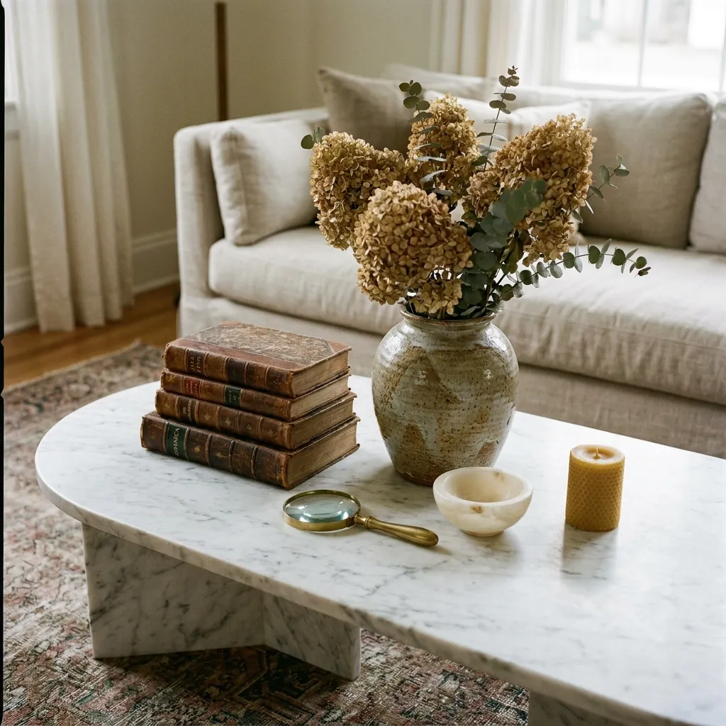 A beautifully styled marble coffee table adorned with vintage books and a textured ceramic vase, showcasing timeless interior design.