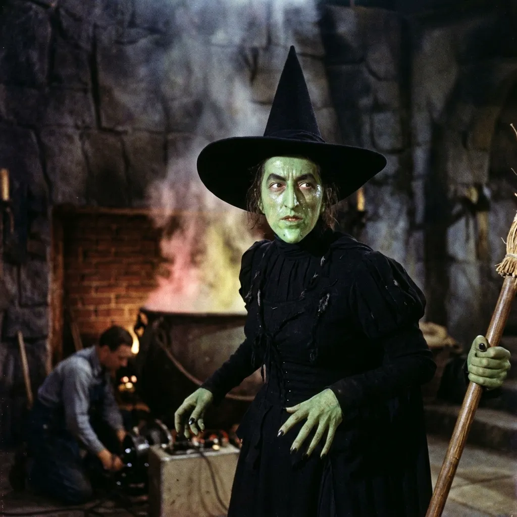 Margaret Hamilton in full green makeup as the Wicked Witch of the West, holding a broomstick in a dark stone room with a bubbling cauldron behind her.