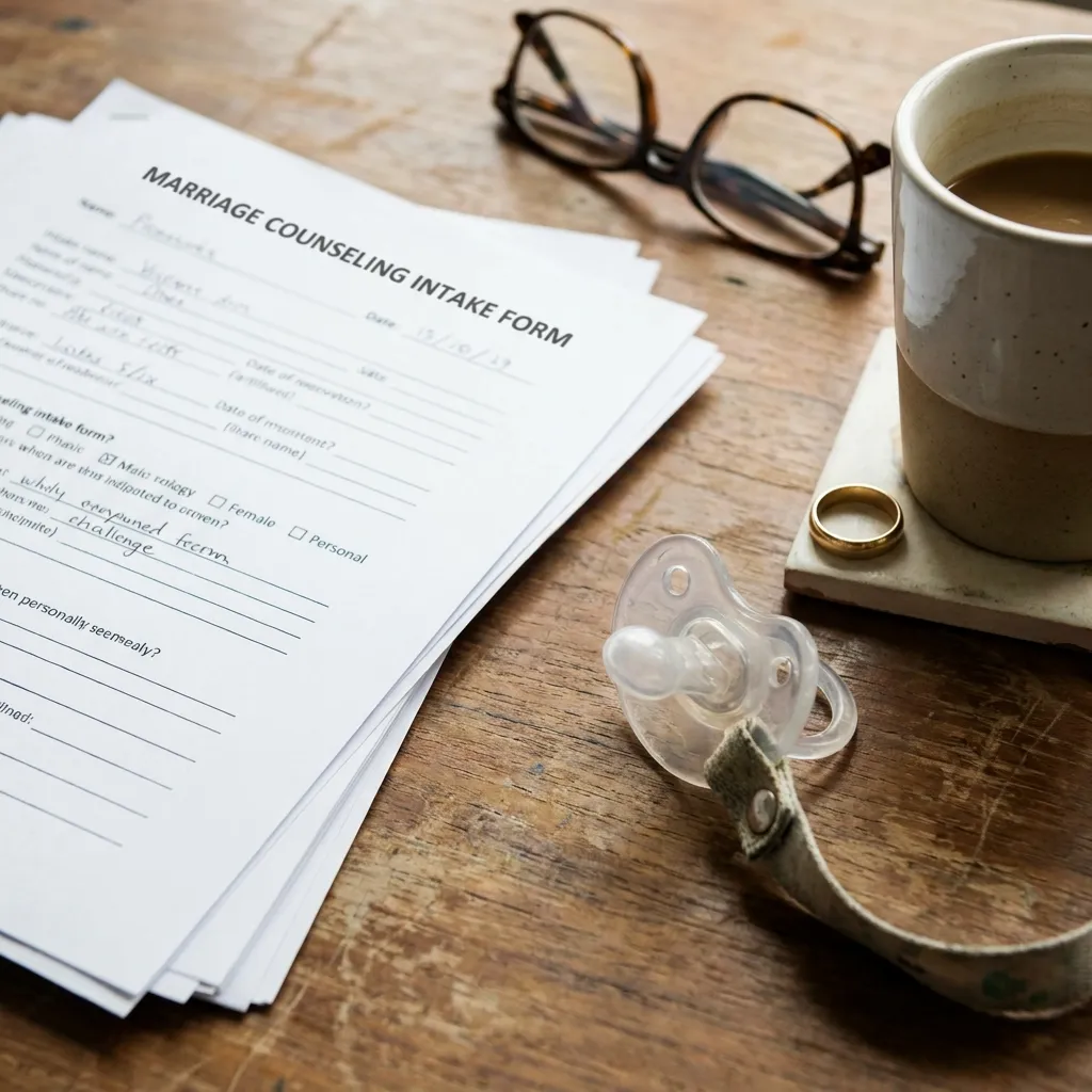 Close up of marriage counseling intake forms resting on a wooden table next to a baby pacifier and a discarded wedding ring