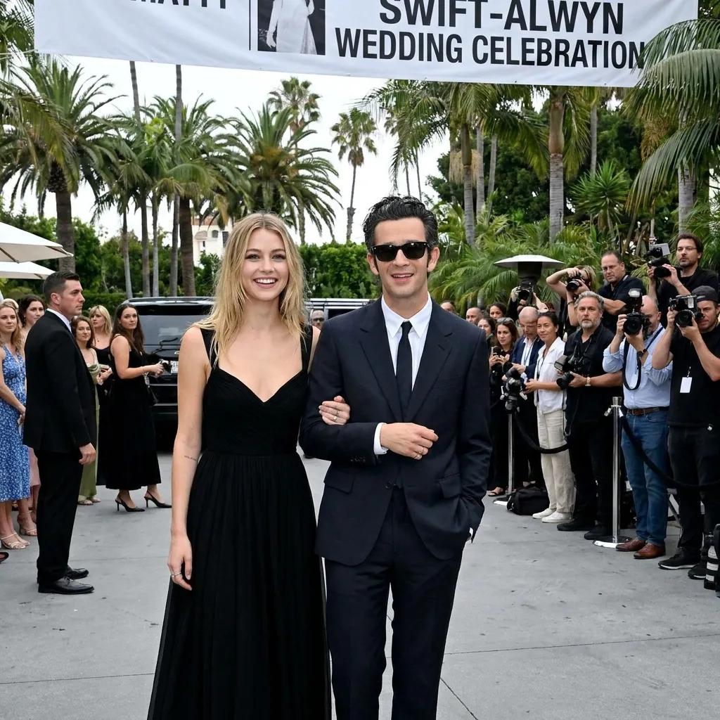 Matty Healy and fiancée Gabbriette Bechtel walking arm-in-arm in Los Angeles during Taylor Swift wedding