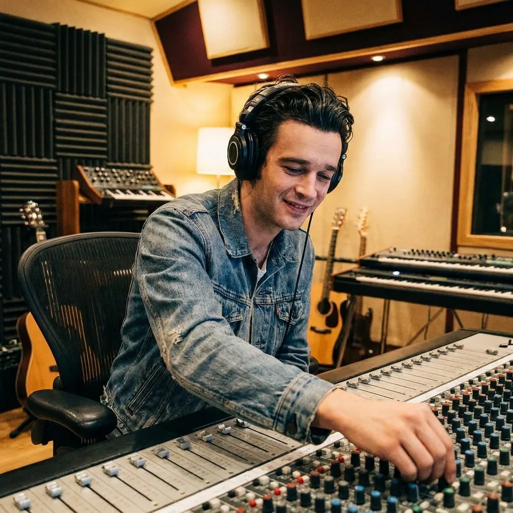 Matty Healy looking settled and content in a professional recording studio, wearing large headphones and working on a soundboard.