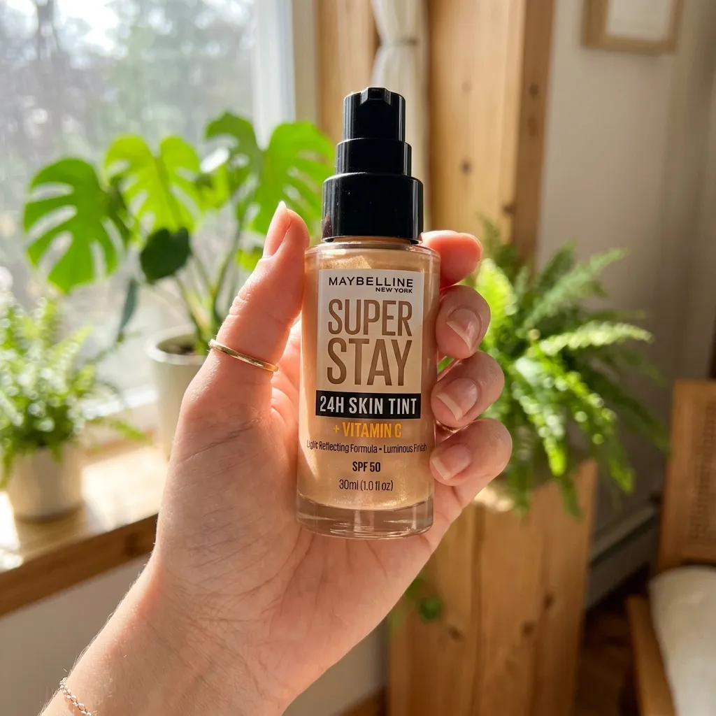 Maybelline Super Stay Skin Tint with Vitamin C bottle held up to showcase the glowing formula