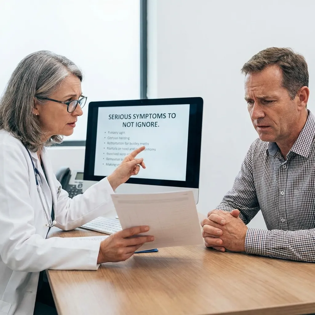 A close-up shot of a doctor sitting across from a patient in a modern, brightly lit clinic, reviewing a chart together.