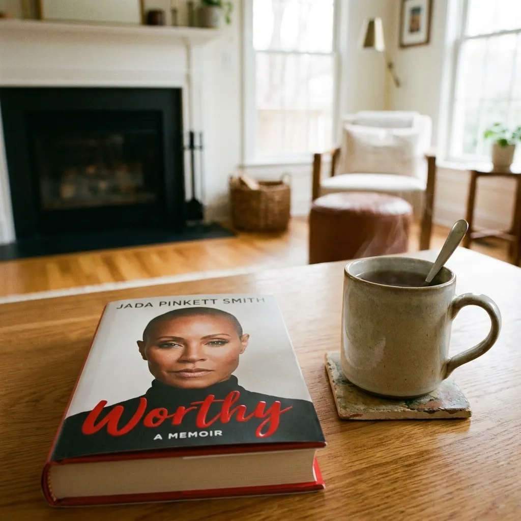 Close-up shot of Jada Pinkett Smith's 2023 memoir 'Worthy' resting on a coffee table next to a warm cup of tea.