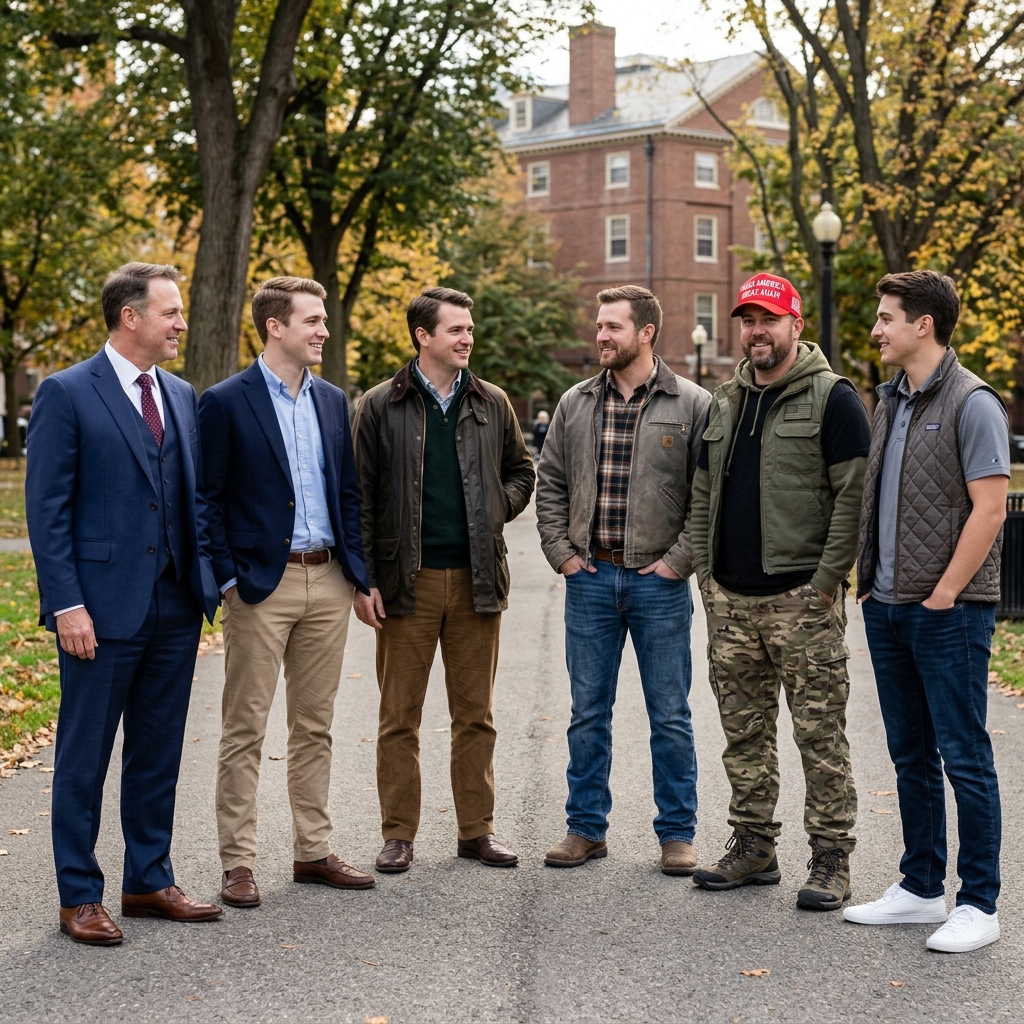 A group of men demonstrating the varied styles of modern conservative fashion in an outdoor setting, from formal to tactical MAGA-coded outfits for men.