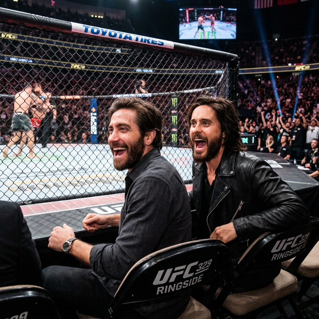 Close up of Jake Gyllenhaal and Jared Leto reacting enthusiastically in the front row at UFC 329