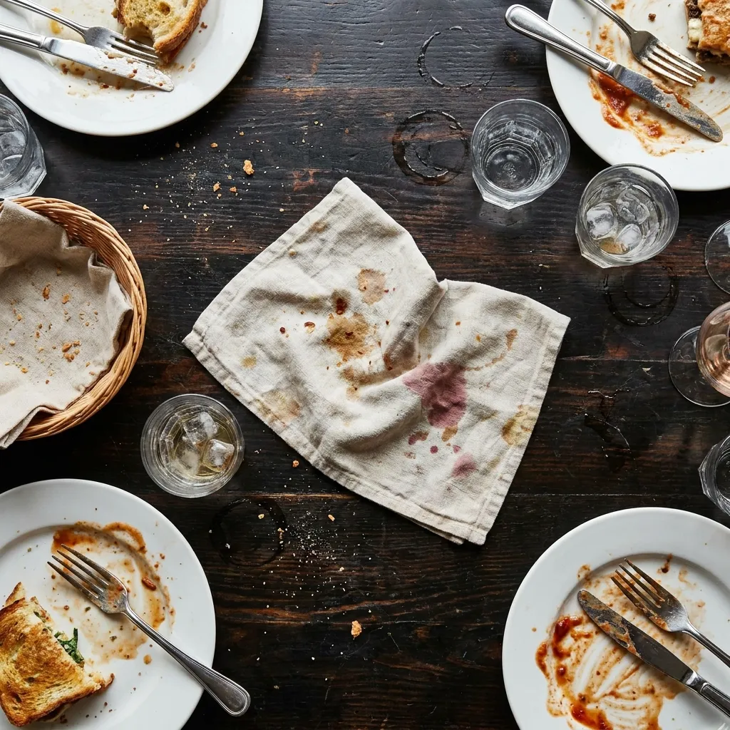 A close-up of a restaurant table scattered with crumbs and a water ring left behind from previous guests.