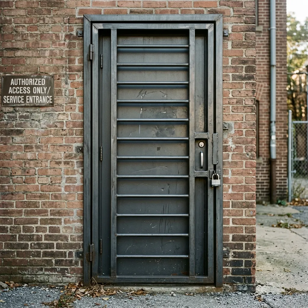 A metal security door with horizontal bars that look exactly like a ladder meant for climbing
