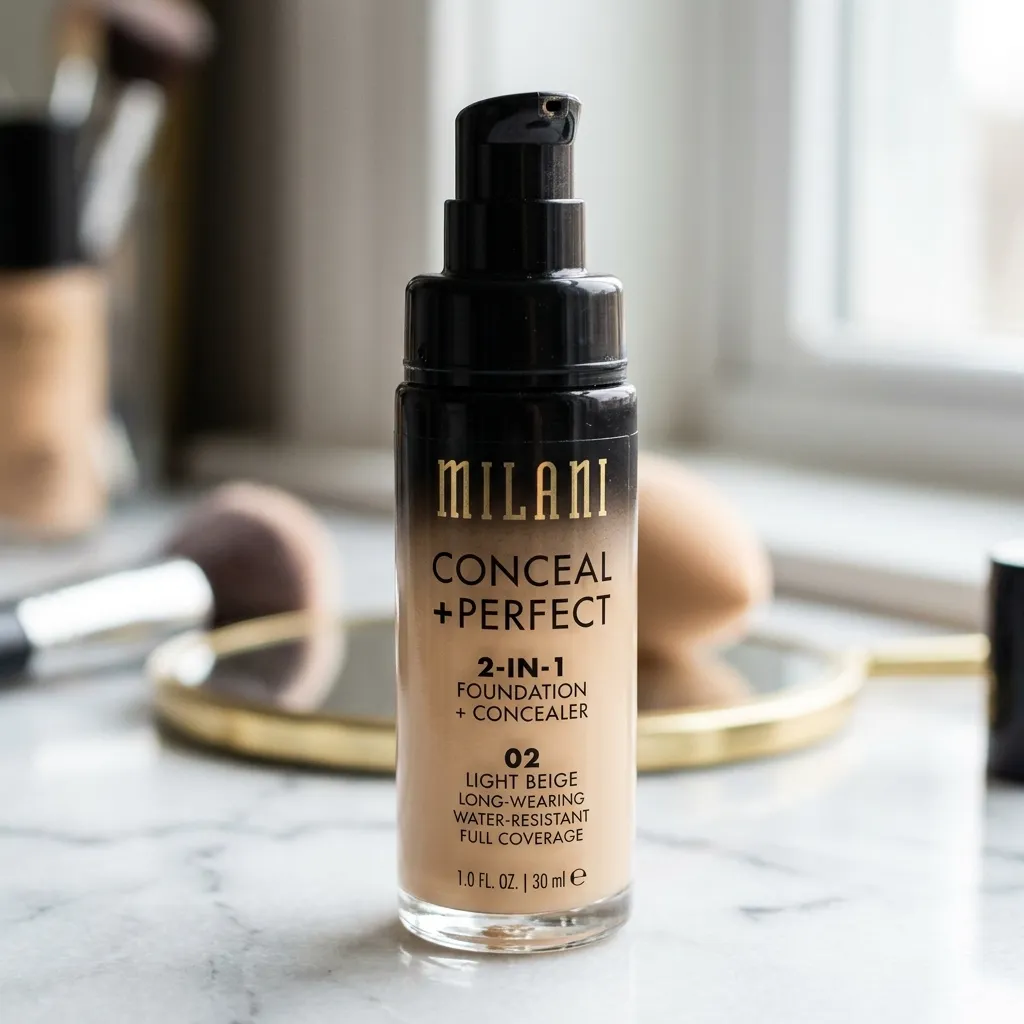 A close-up of Milani Conceal + Perfect 2-in-1 Foundation and Concealer bottle in Light Beige