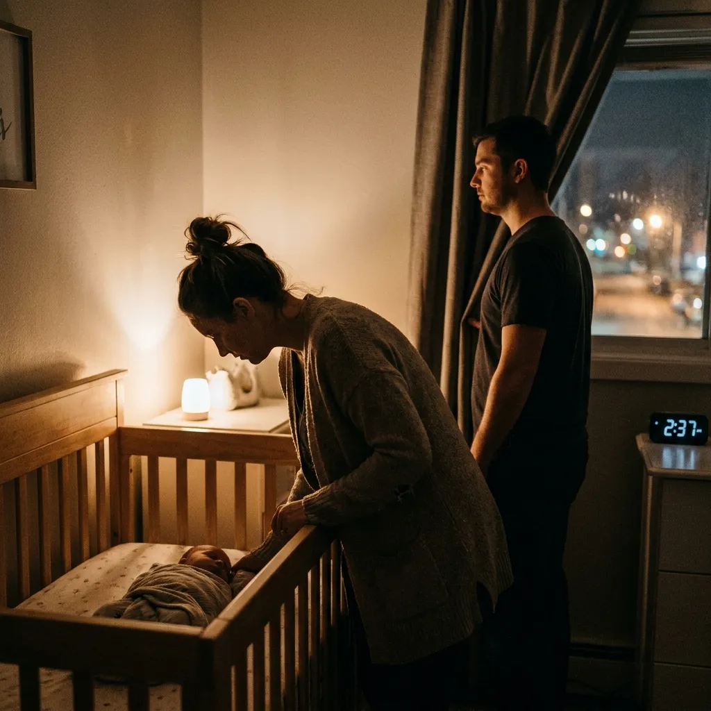 A raw, late-night photo in a dim nursery where a mother hunches over a sleeping baby's crib, while the father stands near a window, staring blankly outside, physically close but emotionally distant, illustrating the emotional drift common in men who divorce after having a newborn.