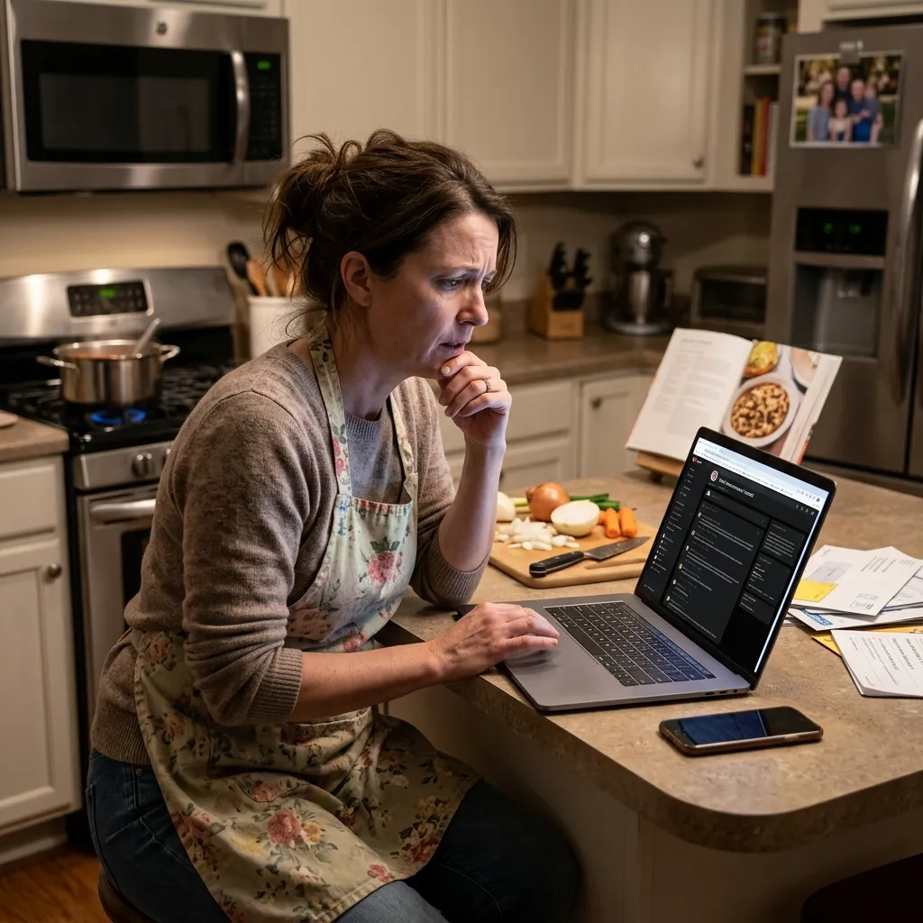 A mother in a kitchen getting confused and pulled into an online extremist forum.