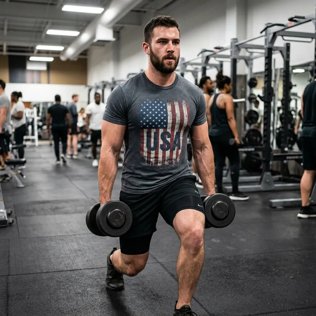 A muscular man working out in a tight, patriotic graphic t-shirt, representing the hyper-masculine gym aesthetic in modern menswear.
