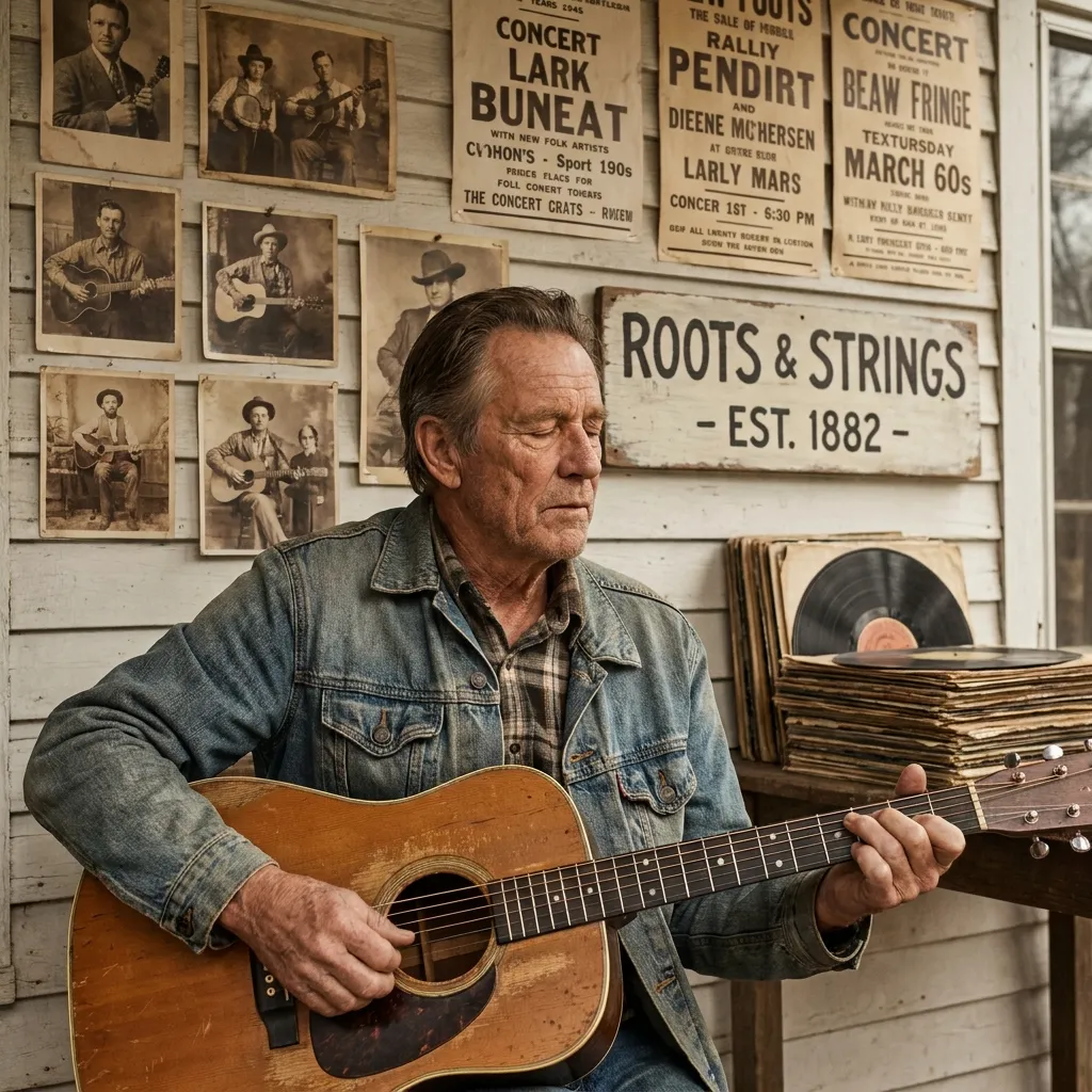 A focused musician with closed eyes playing an acoustic guitar, representing the rich history of purely American traditions in roots music