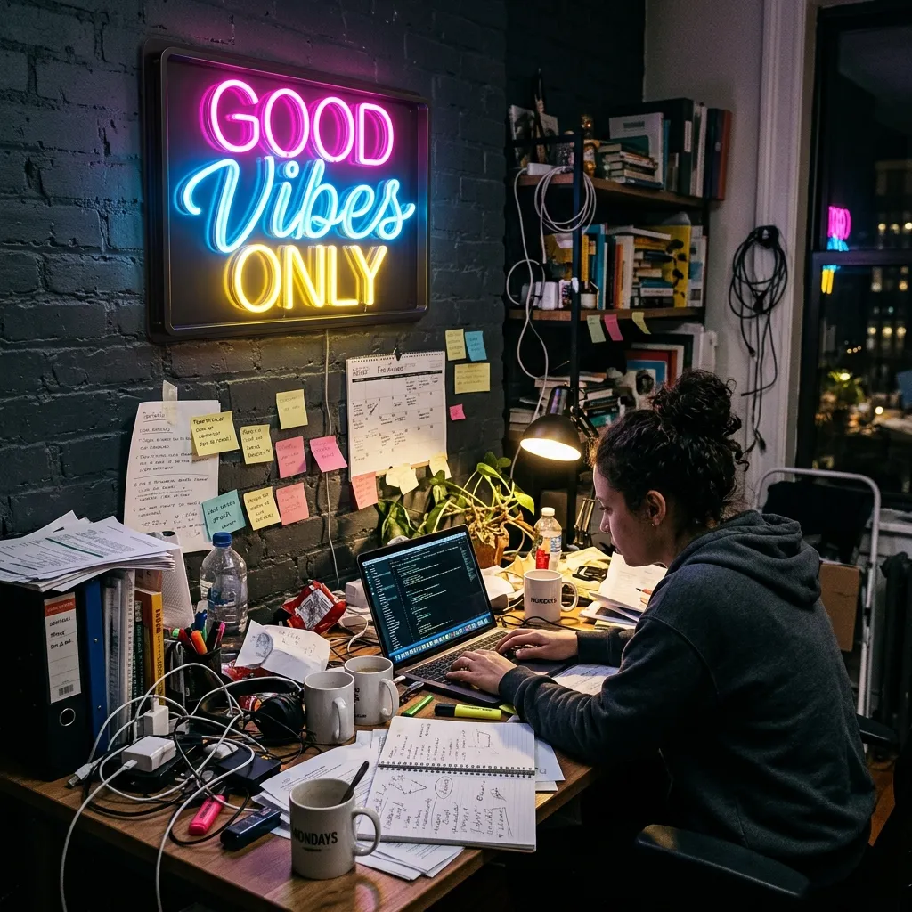 Good vibes only neon sign above a messy office desk showing the negative effects of toxic positivity.