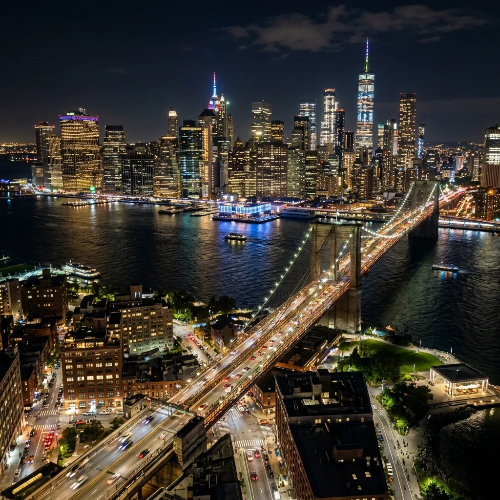 Aerial view of the illuminated New York City skyline at night, showcasing skyscrapers and the Brooklyn Bridge—a prime polarizing city to visit