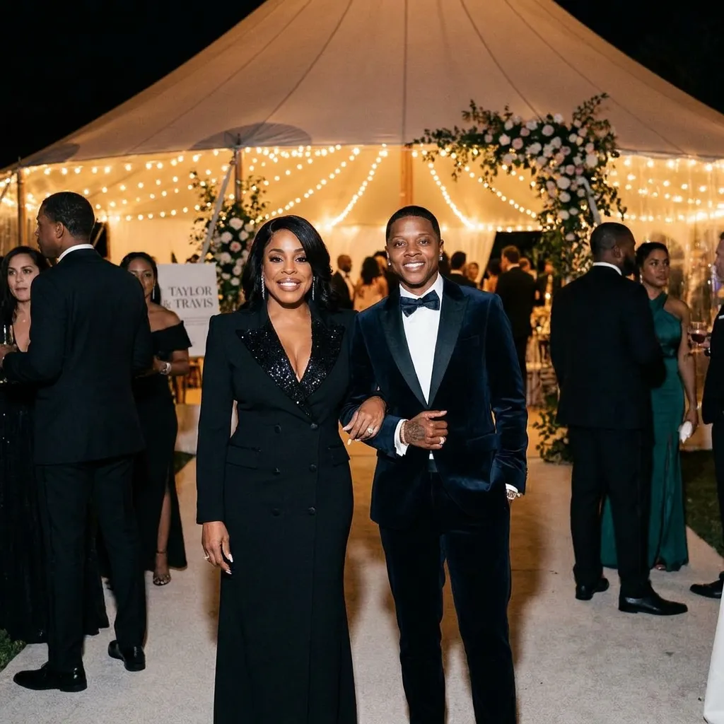 Niecy Nash and Jessica Betts smiling elegantly in tailored black-tie attire for their Taylor Swift and Travis Kelce wedding guest looks