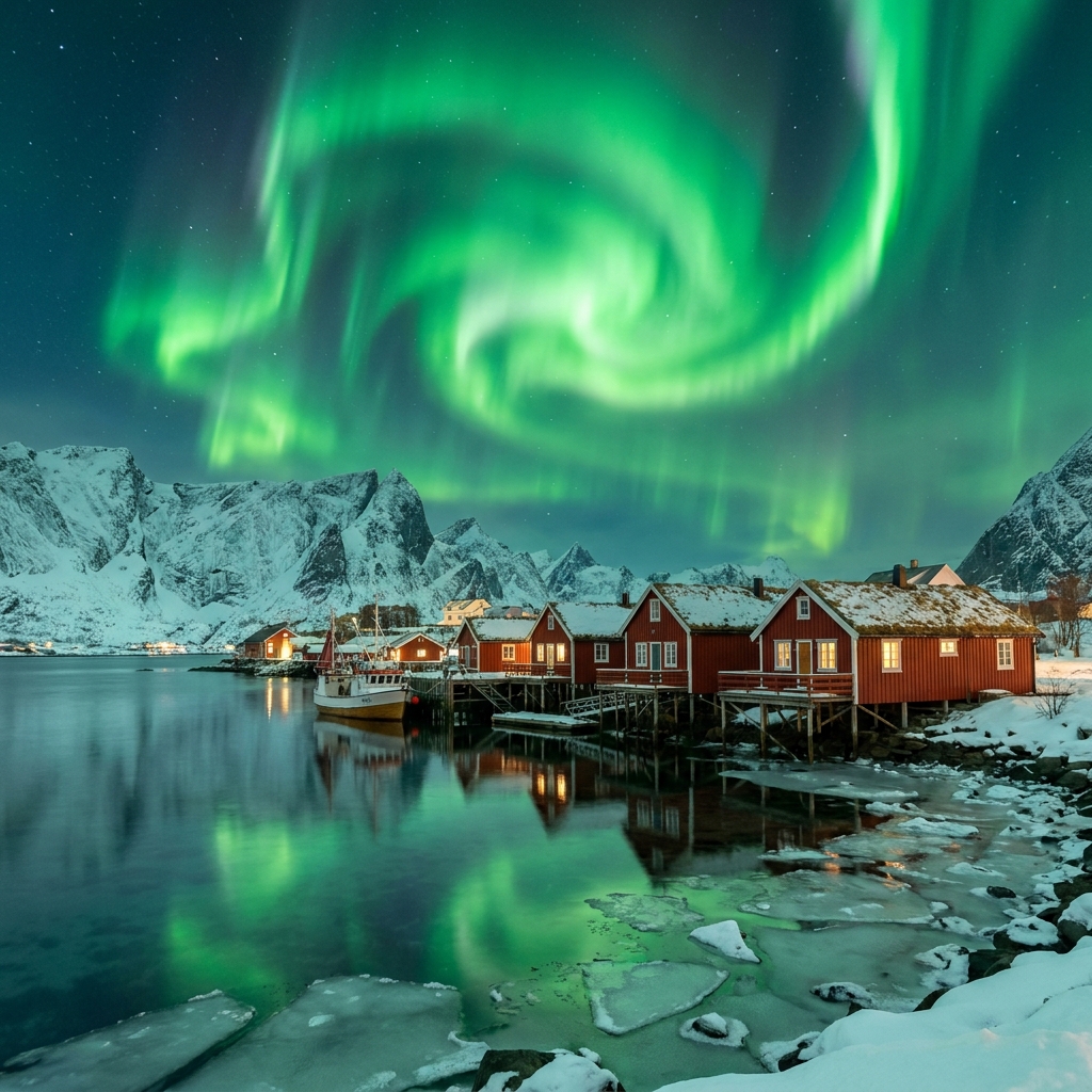 Stunning green Northern Lights illuminating a snowy fjord with traditional red Norwegian cabins in Tromsø