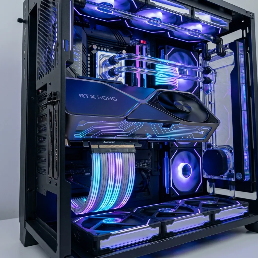 Vertically mounted Nvidia RTX 5090 highlighting the tight spacing that causes RTX 5090 riser cable issues.