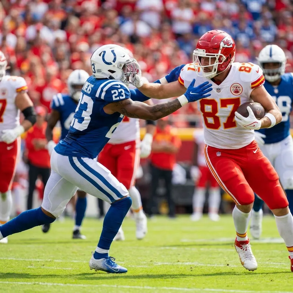NFL players Jonathan Owens of the Indianapolis Colts and Travis Kelce of the Kansas City Chiefs playing on the football field during the regular season.