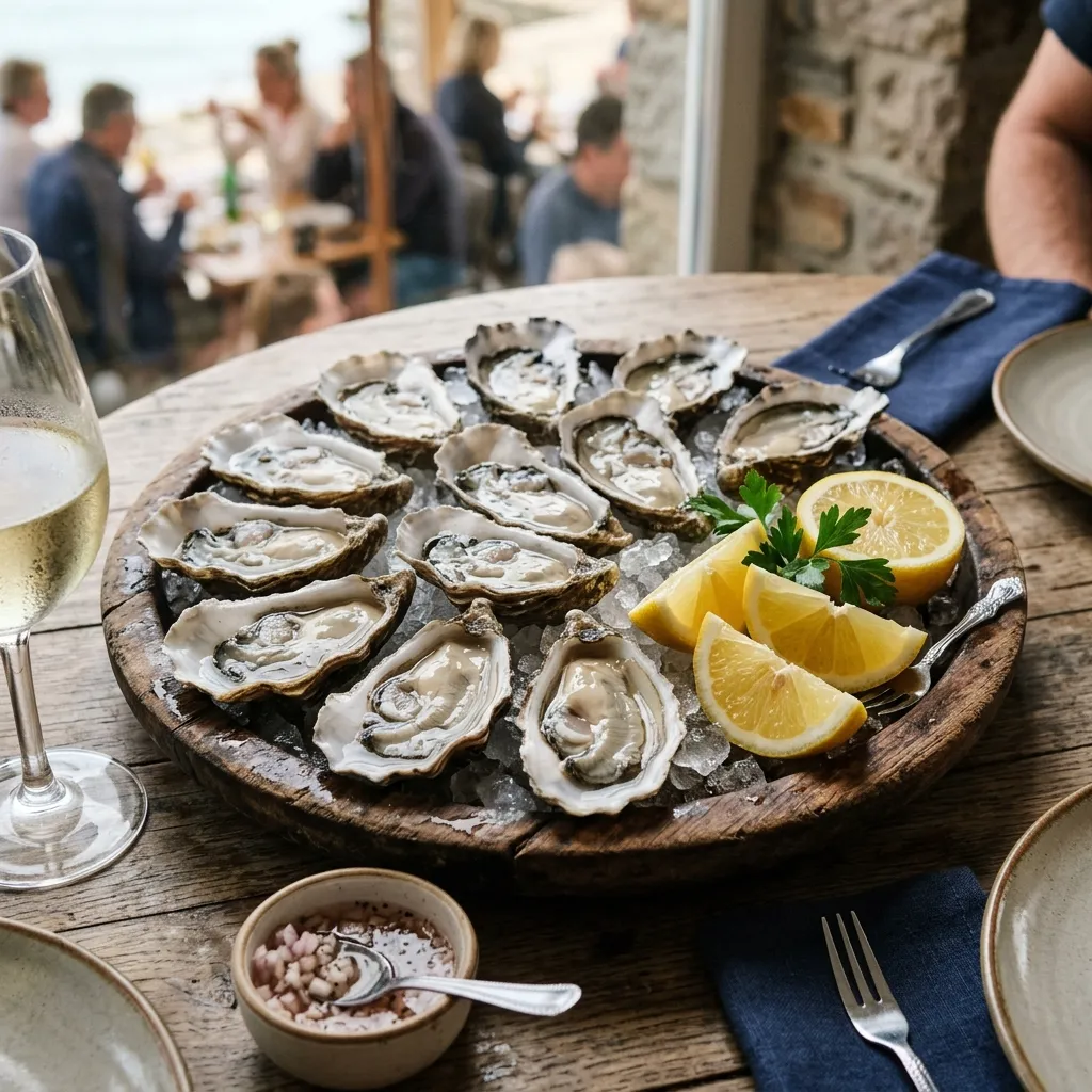 Fresh oysters served on the half shell with lemon wedges on a wooden platter