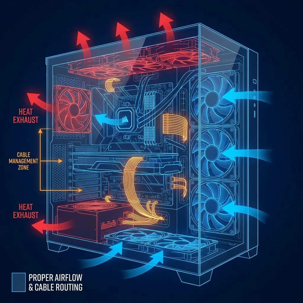 High-end custom PC airflow diagram showing proper clearance to avoid RTX 5090 riser cable issues.