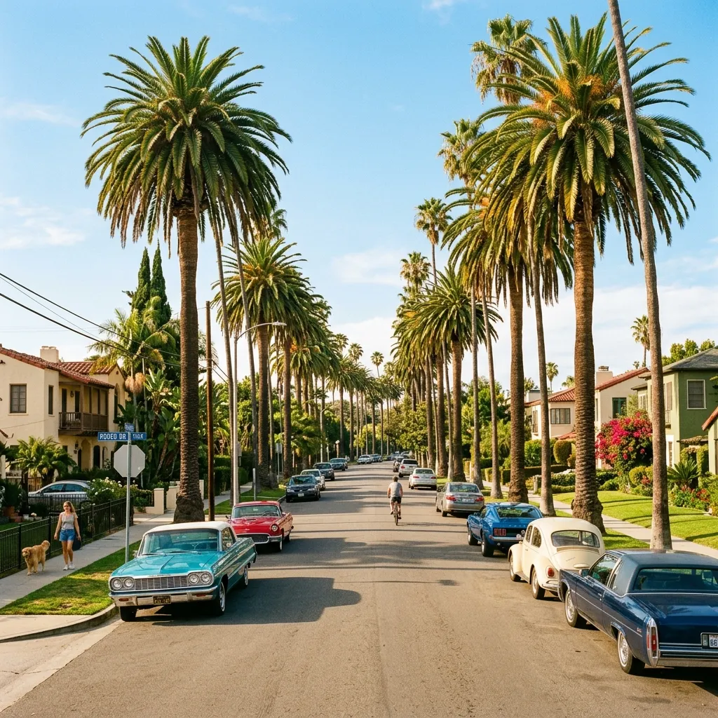Sun-drenched, palm-lined street in Los Angeles with classic cars parked in a sunny residential neighborhood