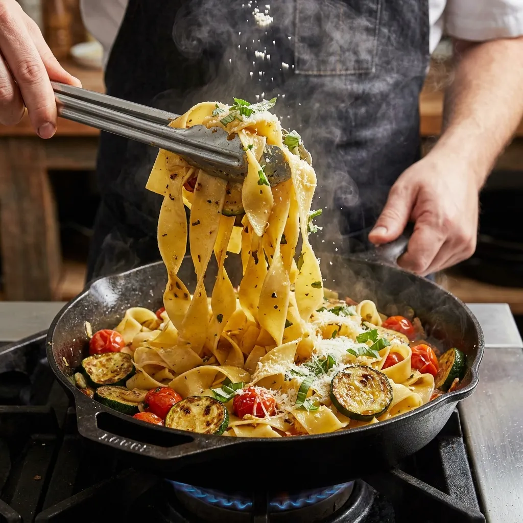 Wide pappardelle pasta in a hot skillet being lifted with metal tongs, garnished with cooked zucchini, burst cherry tomatoes, and grated cheese